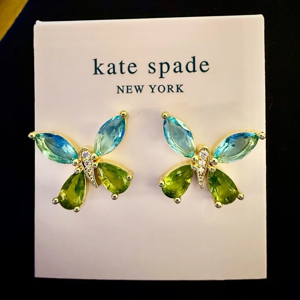 kate spade Blue and Green Crystal Butterfly Stud Earrings - Gold Tone - NWT